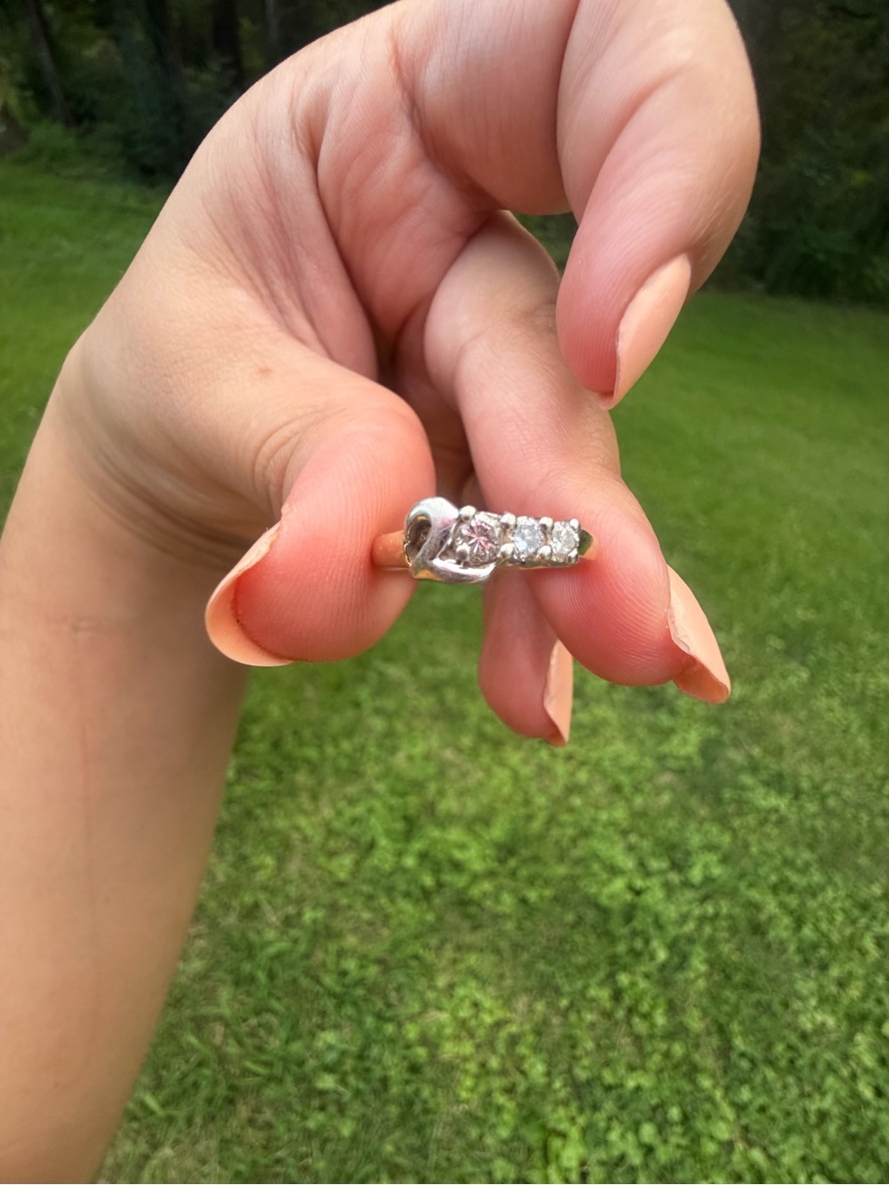 14K Yellow And Silver Gold With  Three Clear Stone Ring